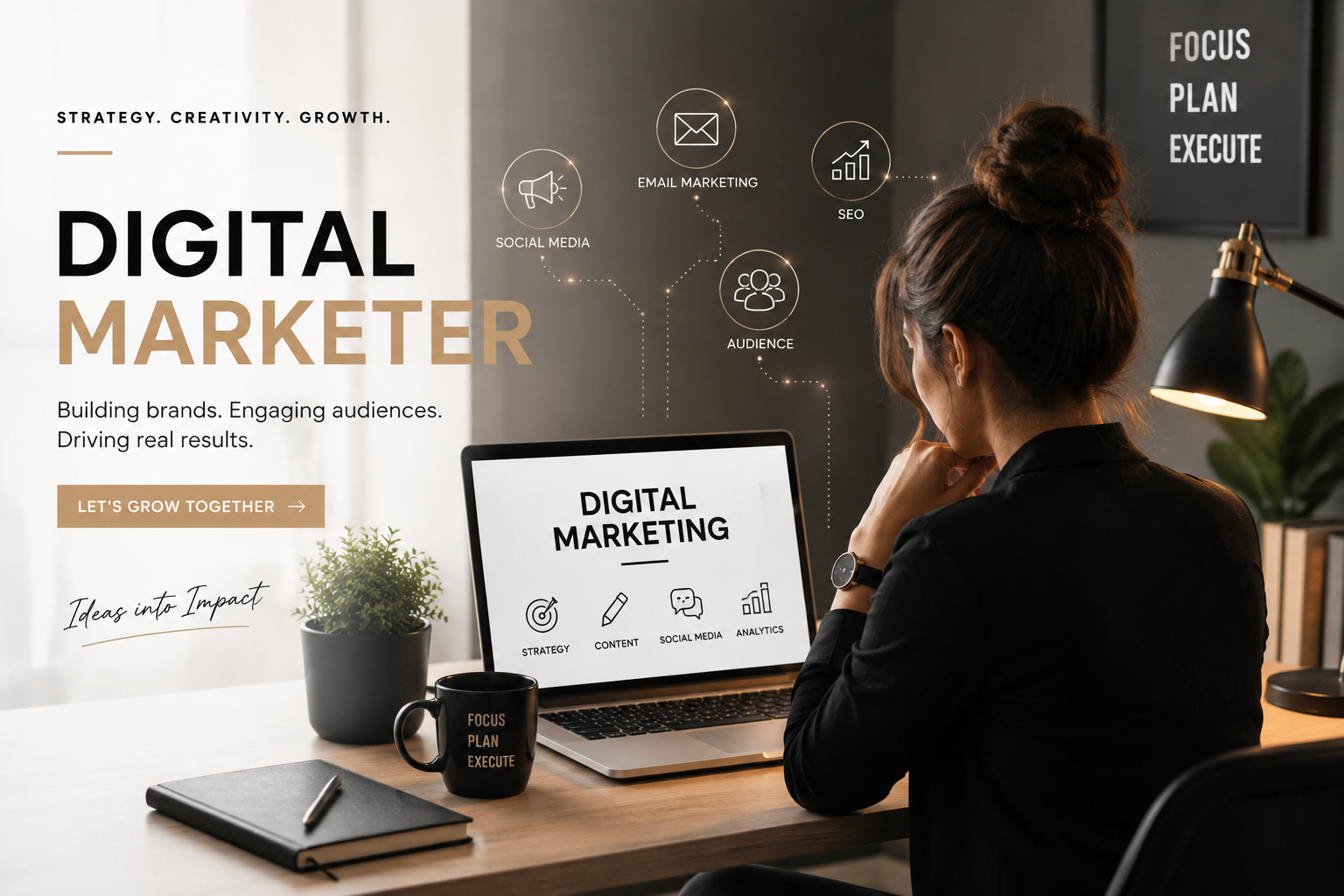 reate a premium, modern website hero banner for a professional Digital Marketer. Use a wide 16:9 composition with a clean, elegant, warm neutral color palette featuring white, beige, black, and subtle gold accents. On the left side, create spacious typography with the headline “DIGITAL MARKETER” in bold modern uppercase lettering. Add the tagline “Building brands. Engaging audiences. Driving real results.” underneath, followed by a stylish gold CTA button saying “LET’S GROW TOGETHER →”. Add a small handwritten-style phrase near the bottom: “Ideas into Impact”. On the right side, show a professional young woman working on a laptop in a sophisticated modern home-office environment. She should look focused and confident, sitting at a clean wooden desk. The laptop screen should display “DIGITAL MARKETING” with minimal icons representing Strategy, Content, Social Media, and Analytics. Around the laptop, add subtle elegant floating digital marketing icons connected with thin dotted lines, representing Social Media, Email Marketing, SEO, and Audience. Include a small indoor plant, coffee mug, notebook, modern desk lamp, and a dark minimalist wall in the background. Add subtle wall typography reading “FOCUS PLAN EXECUTE”. The overall design should look like a high-end professional digital marketing portfolio website hero section, realistic photography mixed with sophisticated graphic design, clean composition, strong visual hierarchy, premium branding, minimal clutter, soft natural lighting, professional atmosphere, sharp details, elegant typography, and plenty of negative space for website content.