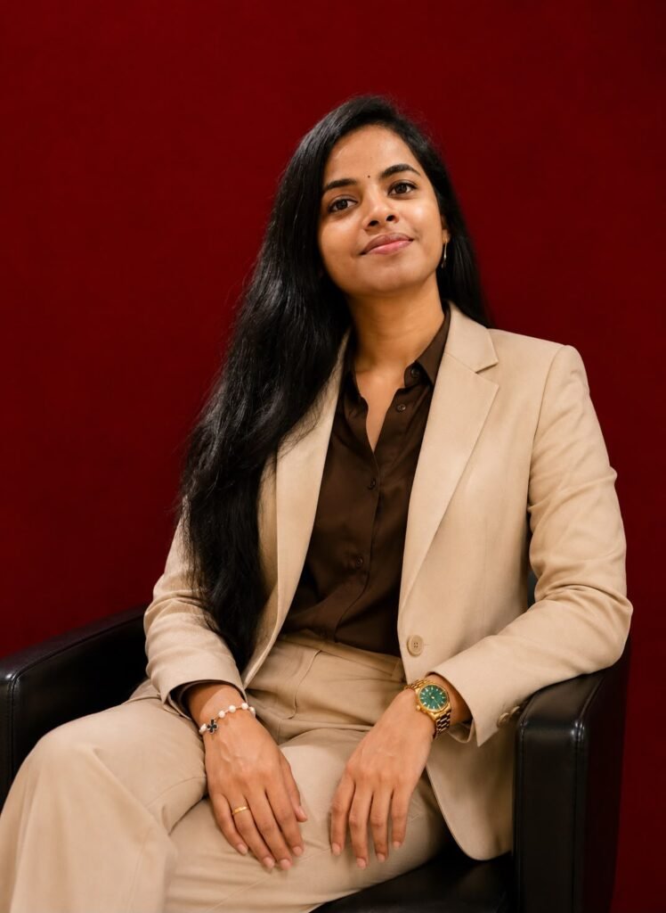 Digital Marketer sitting comfortably in a modern black leather armchair. She is wearing a sophisticated beige/tan tailored blazer and matching trousers with a dark brown shirt underneath. She has long, straight black hair, minimal elegant makeup, and subtle gold accessories including a watch, bracelet, earrings, and ring.